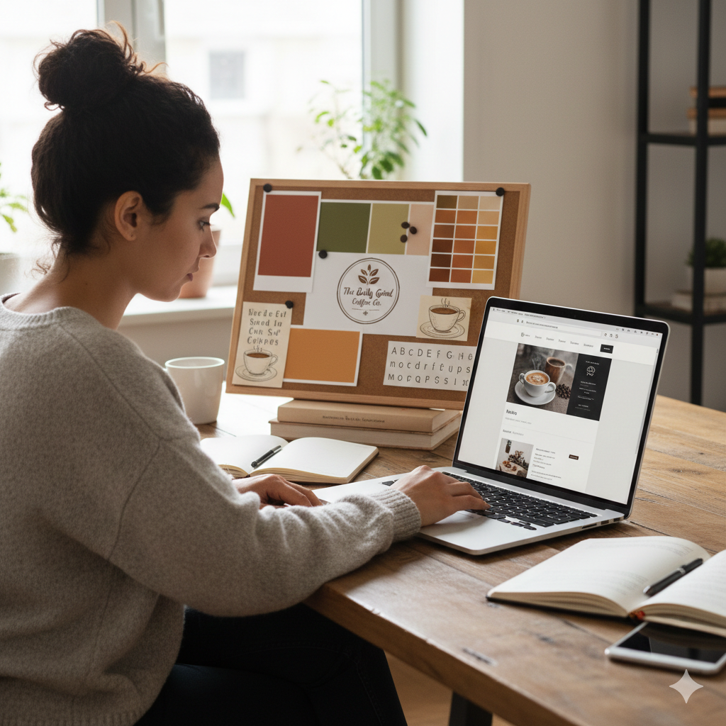 Persona trabajando en la creación de una página web, branding o identidad visual de una cafetería
