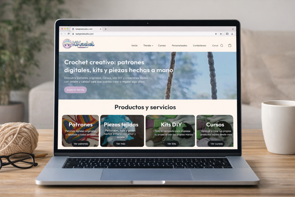 Laptop mostrando una página web de crochet diseñada y desarrollada en kj digital studio